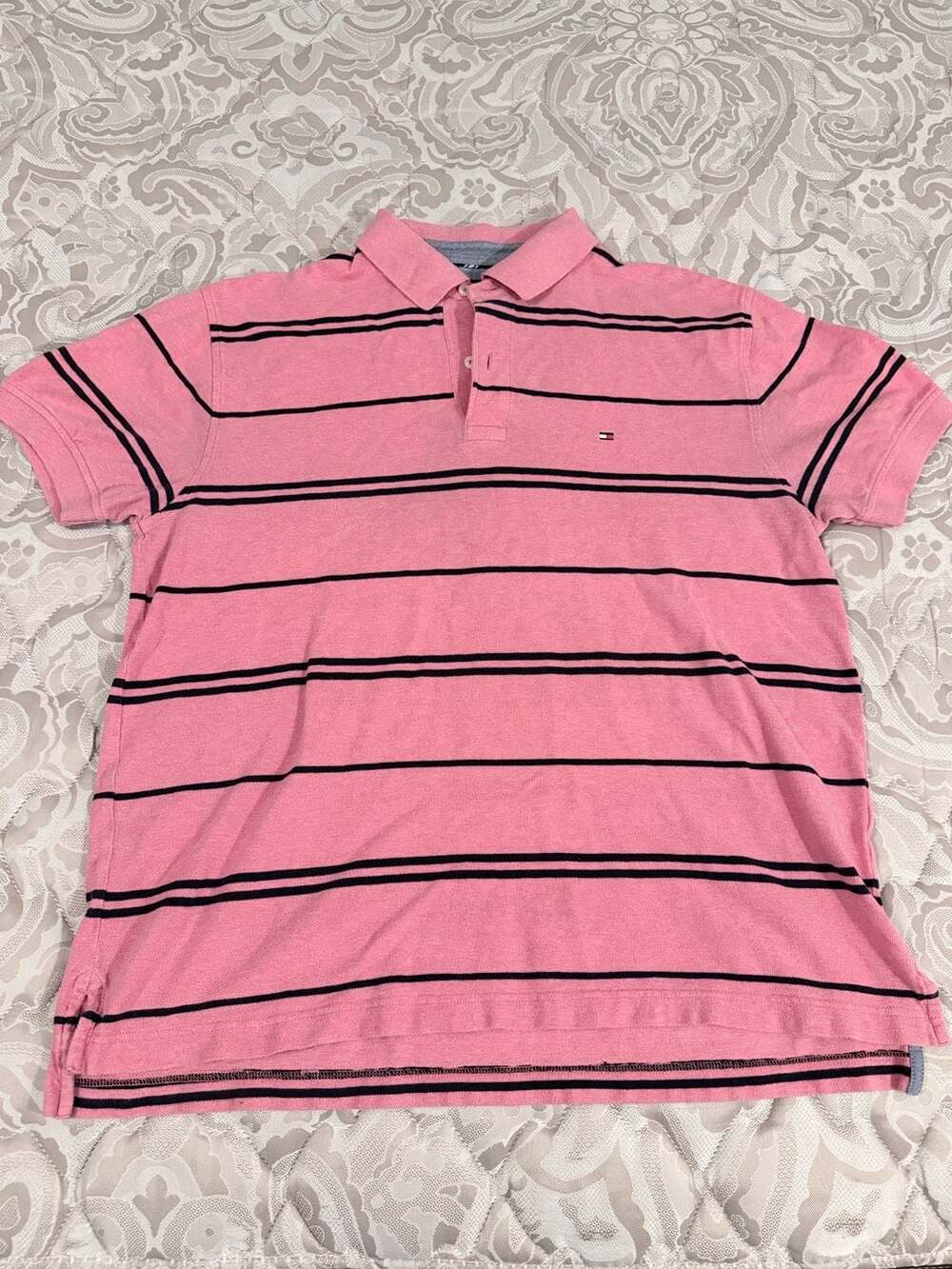 Tommy Hilfiger Men's Pink and Black Striped Short Sleeve Pique Polo Shirt Size L